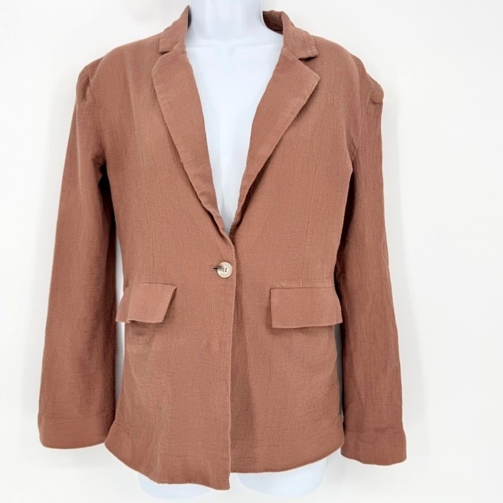 Pink Lily Terracotta Rust Brown Gauzy Summer Layer Single Button Blazer Jacket